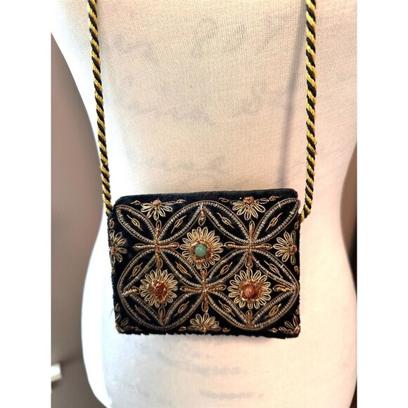 Vintage Embroidered Zardozi  Design Velvet Mini Crossbody Bag Braided‎ Strap - Picture 4 of 16